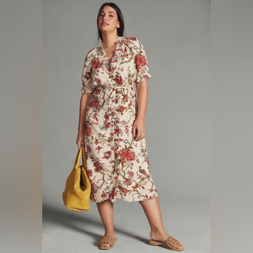 Anthropologie Pilcro Ruffle-Collar Buttondown Dress Cream Floral Boho Size 12